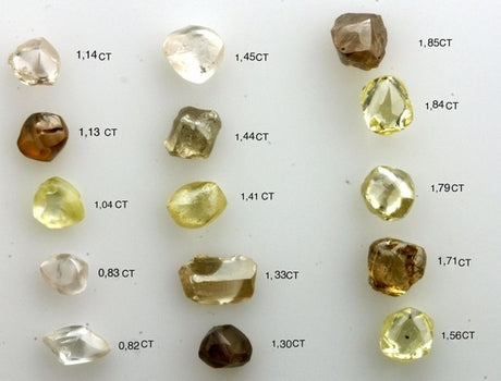 A selection of different colour diamonds in the rou